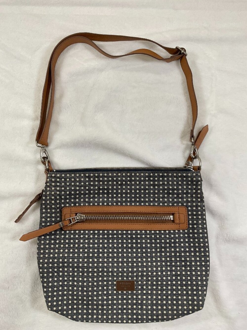 Fossil Polka Dot Denim Canvas Crossbody Bag Blue Tan Adjustable Strap Large
